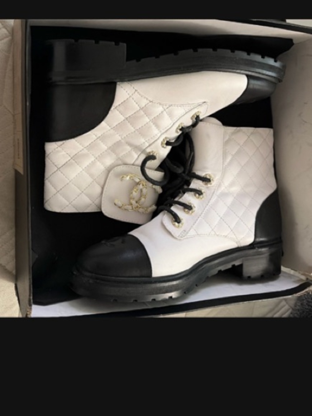 CHANEL White Quilted Lace-Up Combat Boots with Black Toe & Heel - Picture 1 of 4